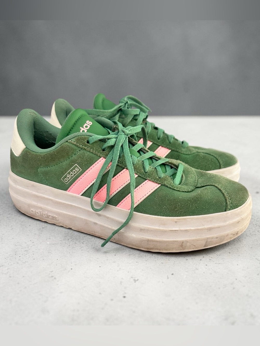 Adidas Women's Green Suede Platform Sneakers with Pink Stripes